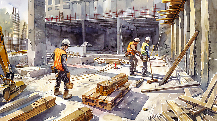 JPG 전신 남자 건축 일러스트 붓터치 수채화 공사 성인 건물 세명 건설현장 안전모 건축자재 나무판자 안전조끼 성인남자만 건설근로자 국내일러스트 AI일러스트 AI콘텐츠 직업 건축물 건설업 사람 목재 헬멧 안전장비 남자만 성인만 파일형식