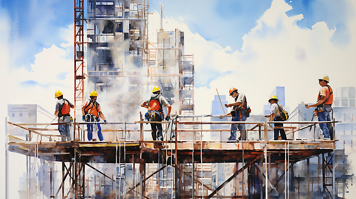 JPG 전신 남자 건축 일러스트 붓터치 수채화 공사 빌딩 여러명 성인 건물 건설현장 안전모 건축자재 안전조끼 성인남자만 건설근로자 국내일러스트 AI일러스트 AI콘텐츠 직업 건축물 다수 건설업 사람 헬멧 안전장비 남자만 성인만 파일형식
