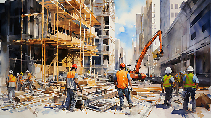 JPG 전신 남자 건축 일러스트 붓터치 수채화 공사 여러명 성인 건물 건설현장 안전모 포크레인 건축자재 안전조끼 성인남자만 건설근로자 국내일러스트 AI일러스트 AI콘텐츠 직업 건축물 다수 건설업 사람 중장비 헬멧 안전장비 남자만 성인만 파일형식