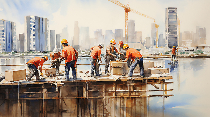 JPG 전신 남자 건축 일러스트 붓터치 수채화 공사 빌딩 여러명 성인 건물 건설현장 도시 안전모 건축자재 안전조끼 성인남자만 건설근로자 국내일러스트 AI일러스트 AI콘텐츠 직업 건축물 다수 건설업 사람 헬멧 안전장비 남자만 성인만 파일형식