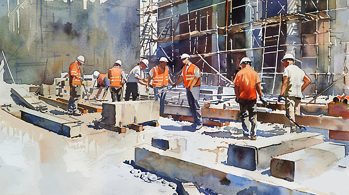 JPG 전신 남자 건축 일러스트 붓터치 수채화 공사 여러명 성인 건물 반사 건설현장 안전모 번짐 건축자재 안전조끼 성인남자만 건설근로자 국내일러스트 AI일러스트 AI콘텐츠 직업 건축물 다수 건설업 사람 헬멧 안전장비 남자만 성인만 파일형식 효과