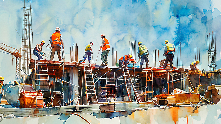 JPG 전신 남자 건축 일러스트 사다리 붓터치 수채화 공사 여러명 성인 건물 건설현장 안전모 번짐 건축자재 안전조끼 성인남자만 건설근로자 국내일러스트 AI일러스트 AI콘텐츠 직업 건축물 다수 건설업 사람 도구 헬멧 안전장비 남자만 성인만 파일형식 효과