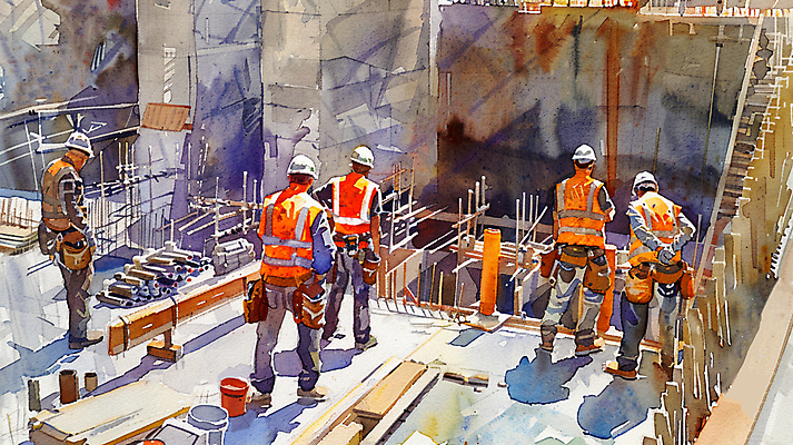 JPG 전신 남자 건축 일러스트 붓터치 수채화 공사 여러명 성인 건물 건설현장 안전모 건축자재 뼈대 안전조끼 성인남자만 건설근로자 국내일러스트 AI일러스트 AI콘텐츠 직업 건축물 다수 건설업 사람 헬멧 안전장비 남자만 성인만 파일형식