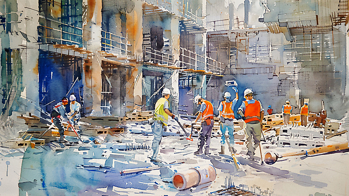 JPG 전신 남자 건축 일러스트 붓터치 수채화 공사 여러명 성인 건물 건설현장 안전모 건축자재 안전조끼 성인남자만 건설근로자 국내일러스트 AI일러스트 AI콘텐츠 직업 건축물 다수 건설업 사람 헬멧 안전장비 남자만 성인만 파일형식