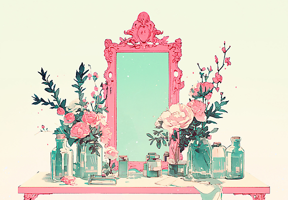 PSD 분홍색 잎 일러스트 유리병 사람없음 초록색 뷰티 꽃병 화장품 거울 빈티지 천 오브젝트 화장대 감성 국내일러스트 식물 꽃 컬러 가구 컨셉 병_용기 직물 파일형식