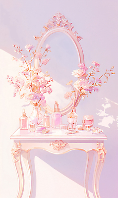 PSD 분홍색 잎 일러스트 유리병 수채화 그림자 사람없음 햇빛 뷰티 꽃병 화장품 거울 빈티지 오브젝트 화장대 감성 국내일러스트 식물 꽃 컬러 가구 컨셉 병_용기 태양 파일형식