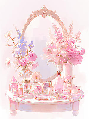 PSD 분홍색 일러스트 유리병 수채화 그림자 사람없음 햇빛 뷰티 반사 꽃병 화장품 거울 빈티지 오브젝트 화장대 감성 국내일러스트 꽃 컬러 가구 컨셉 병_용기 태양 파일형식