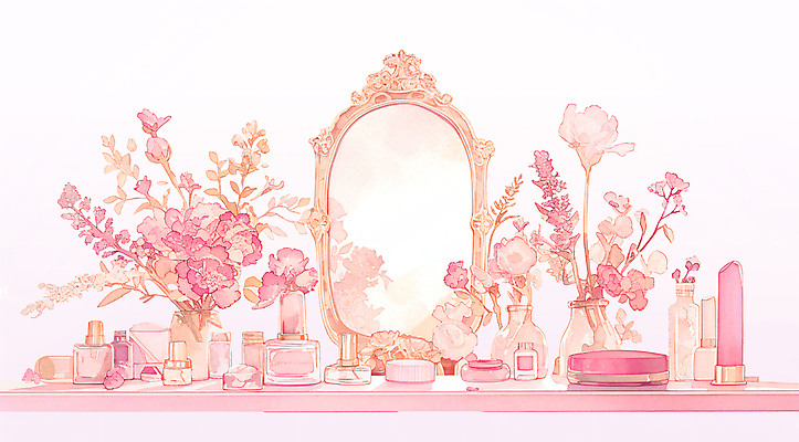 PSD 분홍색 일러스트 유리병 수채화 사람없음 뷰티 반사 꽃병 화장품 거울 빈티지 오브젝트 화장대 감성 국내일러스트 꽃 컬러 가구 컨셉 병_용기 파일형식