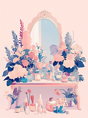 PSD 분홍색 잎 일러스트 유리병 사람없음 뷰티 반사 꽃병 화장품 거울 빈티지 커튼 오브젝트 화장대 감성 국내일러스트 식물 꽃 컬러 가구 컨셉 병_용기 파일형식