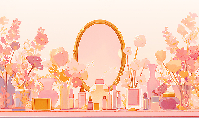 PSD 분홍색 일러스트 유리병 수채화 따뜻함 사람없음 뷰티 반사 꽃병 화장품 거울 빈티지 오브젝트 화장대 감성 국내일러스트 꽃 컬러 가구 컨셉 병_용기 파일형식