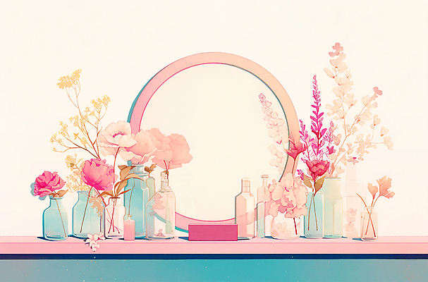 PSD 분홍색 잎 일러스트 유리병 따뜻함 사람없음 뷰티 반사 꽃병 화장품 거울 빈티지 오브젝트 모던 화장대 감성 국내일러스트 식물 꽃 컬러 가구 컨셉 병_용기 파일형식