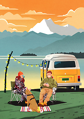 전신 PSD 여자 남자 반려견 일러스트 조명 산 앉기 성인 두명 컵 강 캠핑 마시기 강아지 담요 돗자리 캠핑카 성인만 차박 캠핑의자 국내일러스트 식기 의자 모션 자동차 레저 캠핑도구 사람 반려동물 개 파일형식