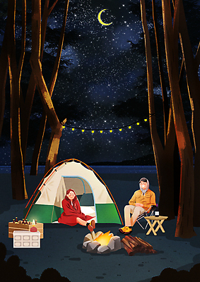 전신 PSD 나무 여자 남자 일러스트 밤하늘 조명 산 텐트 앉기 성인 두명 캠핑 초승달 장작 모닥불 담요 캠핑카 성인만 캠핑의자 국내일러스트 식물 의자 모션 자동차 하늘 불 레저 캠핑도구 사람 달 야간 파일형식