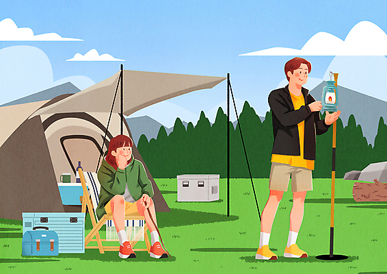 전신 PSD 여자 남자 일러스트 조명 산 텐트 초원 성인 두명 캠핑 랜턴 숲 통나무 캠핑카 아이스박스 성인만 캠핑의자 국내일러스트 나무 의자 자동차 레저 캠핑도구 사람 파일형식