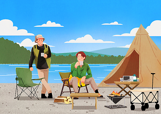 전신 PSD 남자 일러스트 산 텐트 앉기 성인 두명 강 수레 캠핑 장작 모닥불 캠핑카 나무탁자 성인남자만 캠핑의자 국내일러스트 의자 모션 자동차 탁자 불 레저 캠핑도구 사람 카트 남자만 성인만 파일형식