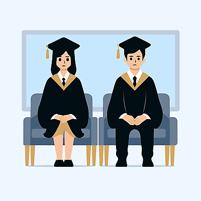 전신 여자 남자 대학생 의자 일러스트 학사모 졸업 졸업생 성인 두명 구직 졸업가운 기다림 무서움 면접 취업준비생 성인만 벡터 국내일러스트 AI파일 모자_잡화 학생 교육 감정 가구 컨셉 비즈니스 모션 사람 가운 파일형식