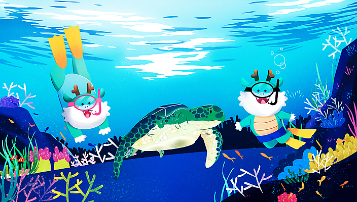 PSD 바다 일러스트 물놀이 고글 사람없음 여름휴가 수중 용 스노클링 산호 거북이 오리발 스노클링용품 청룡캐릭터 국내일러스트 일러캐릭터 캐릭터 스포츠용품 파충류 놀이 휴가 수상스포츠 자포동물 용캐릭터 청룡 파일형식 여름_계절