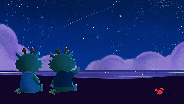 PSD 일러스트 밤하늘 해변 사람없음 여름휴가 꽃게 용 가리킴 밤바다 청룡캐릭터 국내일러스트 일러캐릭터 캐릭터 바다 하늘 휴가 손짓 게 야간 용캐릭터 청룡 파일형식 여름_계절