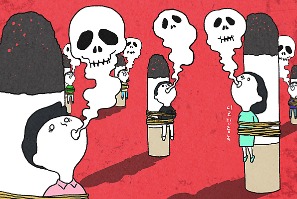 전신 PSD 여자 남자 일러스트 해골 흡연 담배 매달리기 건강 그림자 경고 여러명 성인 빨간색 연기 위험 묶기 중독 니코틴 니코틴중독 성인만 중독자 국내일러스트 컬러 다수 컨셉 모션 뼈 사람 파일형식