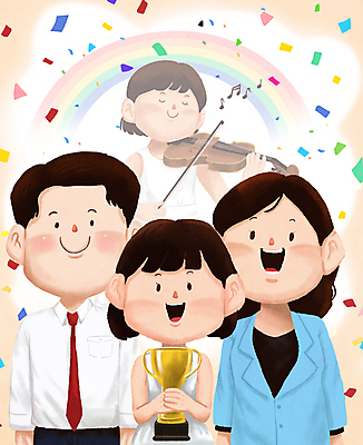 PSD 여자 교육 남자 초등학생 어린이 음악 무지개 연주 일러스트 성공 웃음 소녀 여러명 상반신 성인 부모 기쁨 자녀 우승 최고 트로피 바이올린 꽃가루 조기교육 대회 금상 시상 영재 우승자 국내일러스트 자연요소 학생 감정 다수 컨셉 가족 현악기 문화예술 표정 사람 가루 상_우승 상패 파일형식