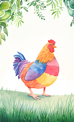 JPG 야생동물 일러스트 자연 나뭇잎 수채화 사람없음 컬러풀 귀여움 닭 풀 그림 국내일러스트 AI일러스트 AI콘텐츠 식물 동물 컬러 컨셉 잎 조류 생태계 파일형식