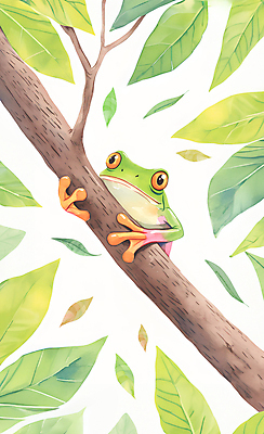 JPG 야생동물 일러스트 자연 나뭇잎 수채화 개구리 사람없음 컬러풀 귀여움 나뭇가지 그림 국내일러스트 AI일러스트 AI콘텐츠 나무 동물 컬러 컨셉 잎 양서류 생태계 파일형식