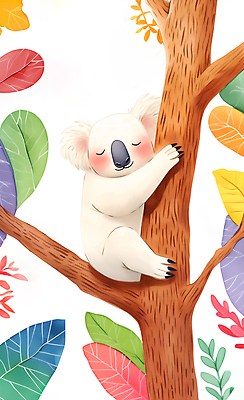 JPG 야생동물 일러스트 자연 나뭇잎 수채화 사람없음 컬러풀 귀여움 나뭇가지 잠 그림 코알라 국내일러스트 AI일러스트 AI콘텐츠 나무 동물 컬러 컨셉 잎 포유류 생태계 파일형식