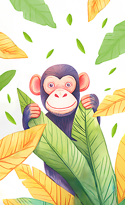 JPG 야생동물 일러스트 자연 나뭇잎 수채화 사람없음 컬러풀 귀여움 원숭이 잡기 그림 국내일러스트 AI일러스트 AI콘텐츠 동물 컬러 컨셉 잎 포유류 모션 생태계 파일형식