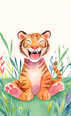 JPG 야생동물 일러스트 자연 나뭇잎 수채화 사람없음 컬러풀 귀여움 풀 호랑이 그림 국내일러스트 AI일러스트 AI콘텐츠 식물 동물 컬러 컨셉 잎 포유류 생태계 파일형식