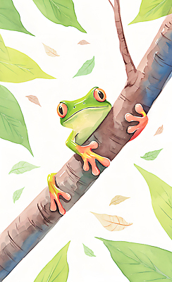 JPG 야생동물 일러스트 자연 나뭇잎 수채화 개구리 사람없음 컬러풀 귀여움 나뭇가지 그림 국내일러스트 AI일러스트 AI콘텐츠 나무 동물 컬러 컨셉 잎 양서류 생태계 파일형식