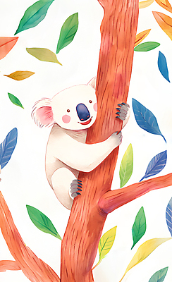 JPG 야생동물 일러스트 자연 나뭇잎 수채화 사람없음 컬러풀 귀여움 나뭇가지 그림 코알라 국내일러스트 AI일러스트 AI콘텐츠 나무 동물 컬러 컨셉 잎 포유류 생태계 파일형식