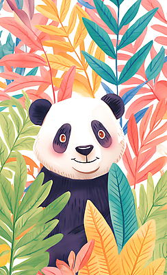 JPG 야생동물 잎 일러스트 자연 나뭇잎 수채화 사람없음 컬러풀 귀여움 판다 그림 풀숲 국내일러스트 AI일러스트 AI콘텐츠 식물 동물 컬러 컨셉 곰 숲 생태계 파일형식