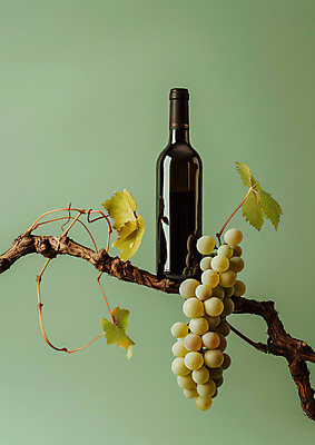 JPG 편집이미지 사람없음 초록색 나뭇가지 와인병 청포도 합성 포도나무 포도잎 편집실사 AI포토 AI콘텐츠 나무 컬러 잎 포도 병_용기 와인 과일나무 CG 파일형식