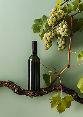 JPG 편집이미지 사람없음 초록색 나뭇가지 와인병 청포도 합성 포도나무 포도잎 편집실사 AI포토 AI콘텐츠 나무 컬러 잎 포도 병_용기 와인 과일나무 CG 파일형식