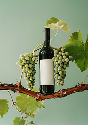 JPG 편집이미지 사람없음 초록색 나뭇가지 와인병 청포도 합성 포도나무 포도잎 편집실사 AI포토 AI콘텐츠 나무 컬러 잎 포도 병_용기 와인 과일나무 CG 파일형식