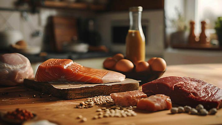 JPG 편집이미지 다이어트 콩 육류 사람없음 유행 주방 계란 디지털합성 연어 육식 나무도마 나무탁자 저탄고지 키토제닉다이어트 편집실사 AI포토 AI콘텐츠 식재료 탁자 곡류 도마 건강 식이요법 어류 목재 알 CG 고지방 파일형식 저탄수화물