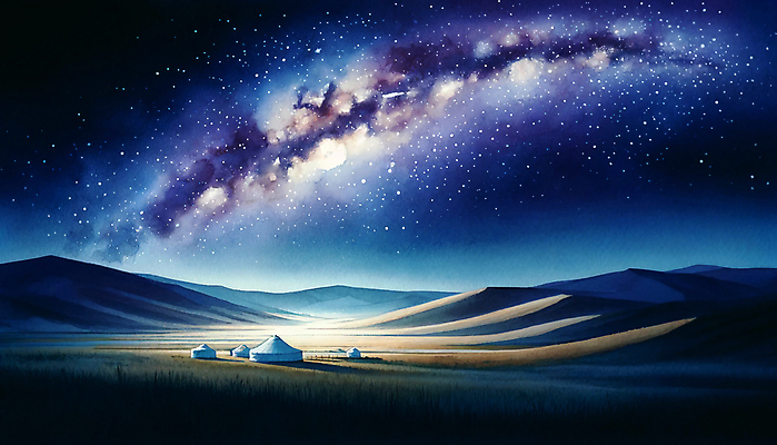 JPG 여행 일러스트 밤하늘 수채화 산 풍경 사람없음 몽골 질감 은하수 게르 평야 국내일러스트 AI일러스트 AI콘텐츠 전통 아시아 자연 하늘 야간 파일형식