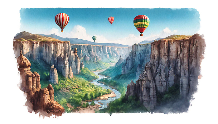 JPG 여행 일러스트 하늘 수채화 산 풍경 사람없음 강 열기구 비행 질감 국내일러스트 AI일러스트 AI콘텐츠 항공교통 파일형식