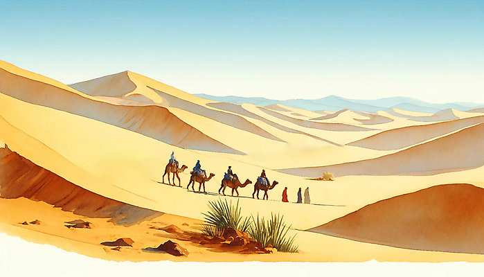 JPG 전신 여자 남자 여행 일러스트 수채화 풍경 여러명 성인 사막 질감 낙타 성인만 국내일러스트 AI일러스트 AI콘텐츠 다수 포유류 사람 파일형식