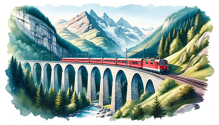 JPG 나무 일러스트 수채화 산 풍경 사람없음 강 기찻길 기차 다리 질감 기차여행 가교 국내일러스트 AI일러스트 AI콘텐츠 식물 건축물 육상교통 여행 대중교통 신체부위 파일형식