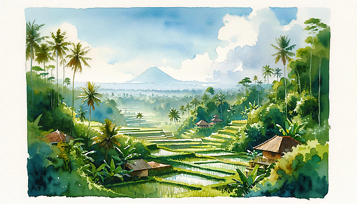 JPG 여행 일러스트 열대 수채화 주택 논 풍경 사람없음 야자수 풀 질감 발리 풀숲 국내일러스트 AI일러스트 AI콘텐츠 나무 식물 섬 농업 건물 숲 인도네시아 파일형식