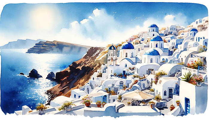 JPG 바다 여행 일러스트 하늘 수채화 풍경 사람없음 햇빛 그리스 질감 산토리니 국내일러스트 AI일러스트 AI콘텐츠 유럽 태양 파일형식