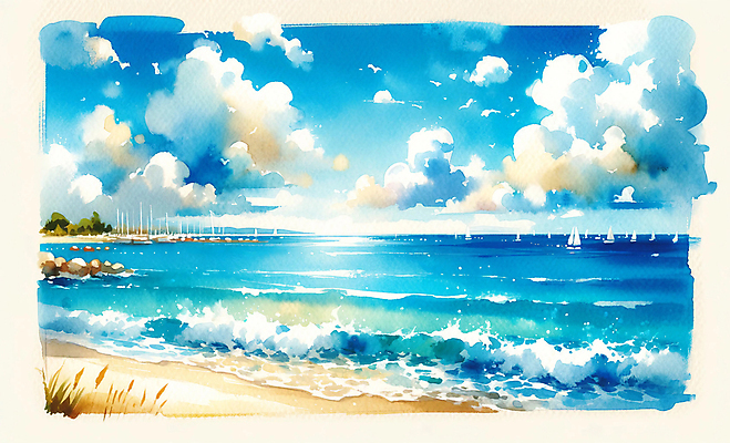 JPG 구름 파도 여행 요트 일러스트 하늘 수채화 풍경 해변 사람없음 햇빛 질감 청량 국내일러스트 AI일러스트 AI콘텐츠 자연요소 바다 배_교통 태양 파일형식