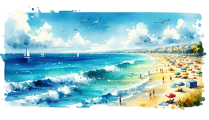 JPG 여자 남자 파도 바다 여행 요트 일러스트 갈매기 수채화 풍경 여러명 성인 여름휴가 파라솔 군중 해수욕장 질감 비치타올 성인만 국내일러스트 AI일러스트 AI콘텐츠 다수 배_교통 조류 휴가 사람 수건 파일형식 여름_계절