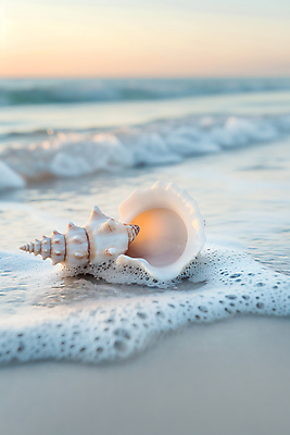 JPG 편집이미지 파도 해변 사람없음 일몰 거품 껍질 소라 편집실사 AI포토 AI콘텐츠 바다 어패류 노을 CG 파일형식