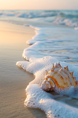 JPG 편집이미지 파도 해변 사람없음 일몰 거품 껍질 소라 편집실사 AI포토 AI콘텐츠 바다 어패류 노을 CG 파일형식