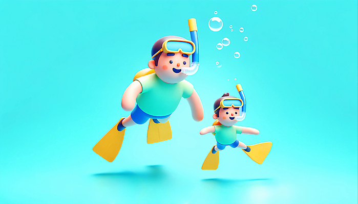 JPG 전신 편집이미지 남자 어린이 인물캐릭터 고글 3D캐릭터 웃음 소년 성인 두명 3D 수중 수영 거품 물방울 스노클링 오리발 잠수 즐거움 스노클링용품 부자지간 남자만 편집3D AI컴퓨터그래픽 AI콘텐츠 캐릭터 감정 아들 스포츠용품 가족 표정 사람 수상스포츠 아빠 디지털합성 파일형식