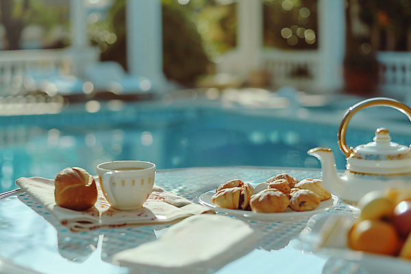 JPG 편집이미지 접시 음식 빵 호텔 리조트 티타임 휴식 야외수영장 사람없음 야외 여름휴가 찻잔 찻주전자 천 디지털합성 서비스 편집실사 AI포토 AI콘텐츠 식기 컨셉 숙소 주전자 휴가 잔 수영장 직물 CG 파일형식 여름_계절