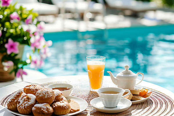 JPG 편집이미지 접시 꽃 음식 빵 탁자 호텔 리조트 휴식 야외수영장 사람없음 여름휴가 커피잔 컵받침 디지털합성 서비스 편집실사 AI포토 AI콘텐츠 식물 식기 커피 가구 컨셉 숙소 휴가 잔 수영장 받침대 CG 파일형식 여름_계절