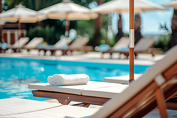 JPG 편집이미지 호텔 리조트 휴식 야외수영장 사람없음 여름휴가 수건 파라솔 디지털합성 서비스 선베드 편집실사 AI포토 AI콘텐츠 컨셉 의자 숙소 휴가 수영장 위생용품 CG 파일형식 여름_계절
